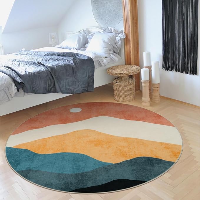 6 ft Abstract Round Rugs for Bedroom, Washable Non-Slip Circle Rug, Soft Colorful Low-Pile Floor Mat, Chic Faux Wool Large Rug, Indoor Throw Rugs for Living Room, Kidsroom