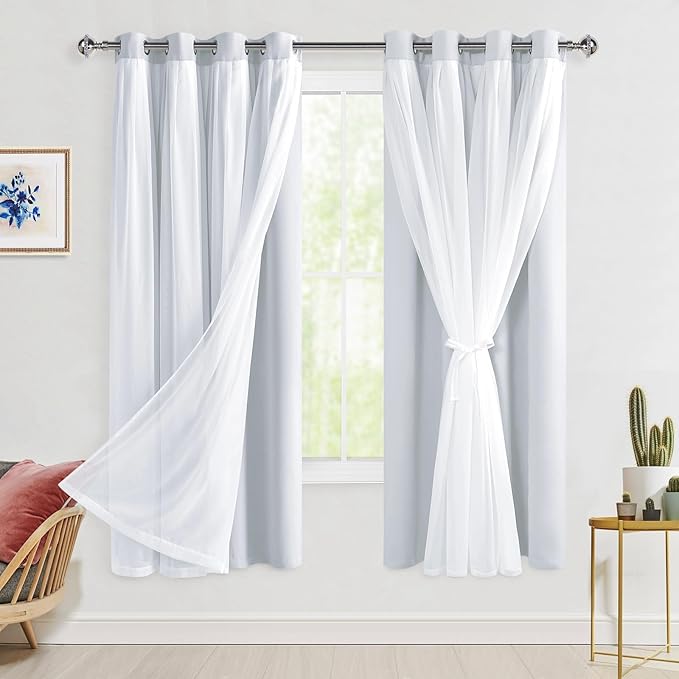 Hiasan Greyish White Blackout Curtains with Sheer Overlay, Grommet Thermal Insulated Mix & Match Double Layer Window Curtains for Girls Bedroom, Living Room, 2 Panels Sewn with Tiebacks, 52W X 63L