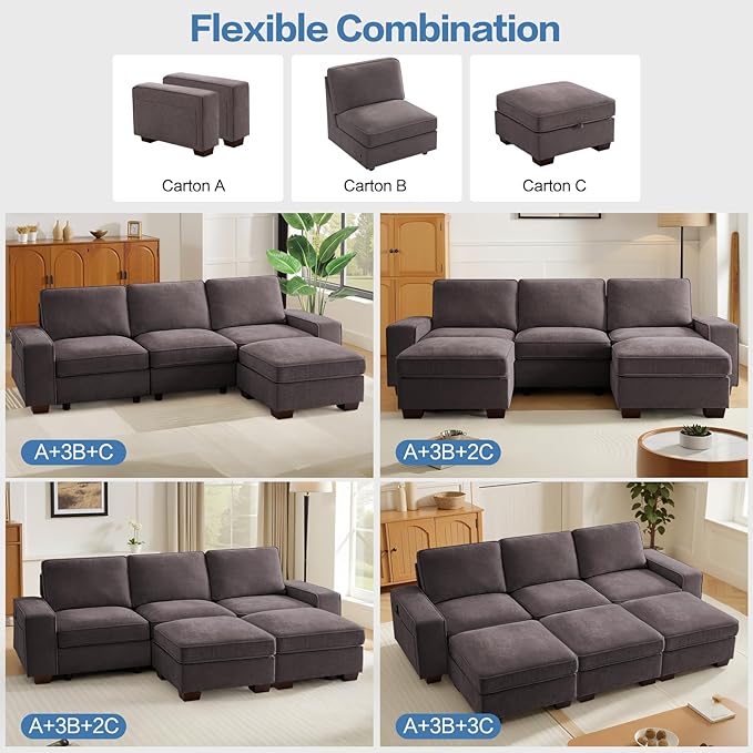 TEKAMON 100" Modular Sectional Sofa with Seats Storage, U Shaped Couch with Movable Ottomans, Chenille Fabric Couch for Living Room, USB Port,Removable Cover(DKGrey, 3 Seater & 2 Ottomans-U Shape)