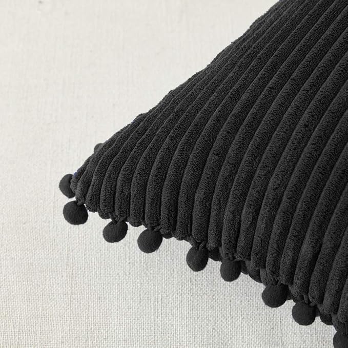 Fancy Homi Pack of 2 Black Boho Decorative Throw Pillow Covers with Pom-poms 26x26 Inch, Soft Corduroy Solid Square Cushion Cases for Couch Sofa Bedroom Living Room (26x26 Inch/66x66 Inch, Black)