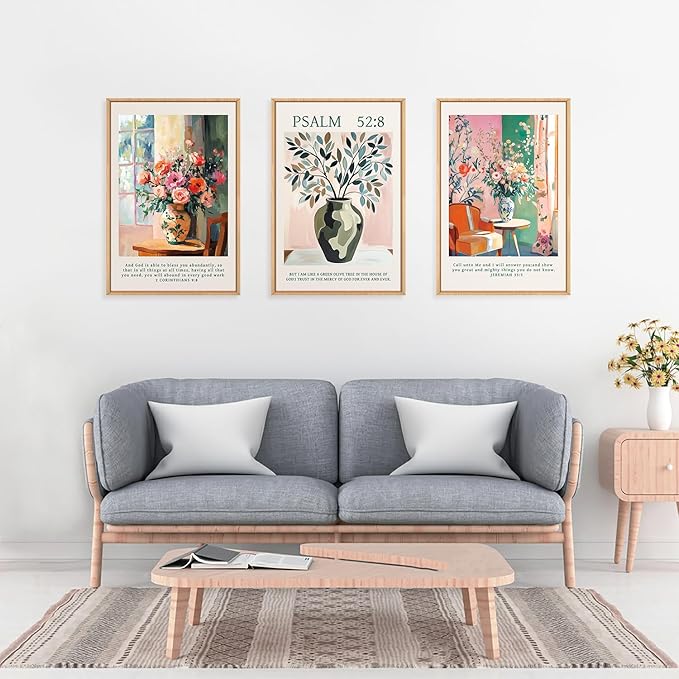 FWIEXA Christian Bible Verse Canvas Wall Art Set, Boho Scripture Floral Wall Decor, Colorful Jesus Religious Painting Artwork, Modern Flower Shop Prints, 3 Piece 16"x24" Art for Living Room, Bedroom, Women, Rustic Farmhouse