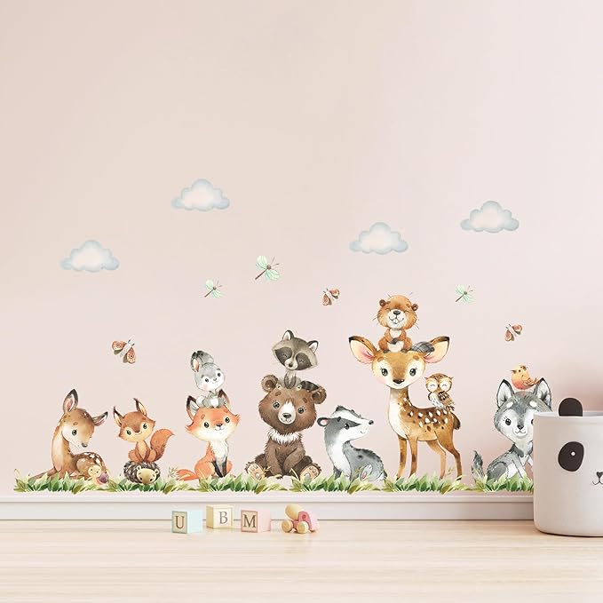 Tanlaby Jungle Animals Wall Stickers Forest Animal Wall Decals Cute Fox Bear Giraffe Self-Adhesive Mural Removable Wall Art Sticker for Baby Nursery Kids Bedroom Playroom Daycare Classroom Decor