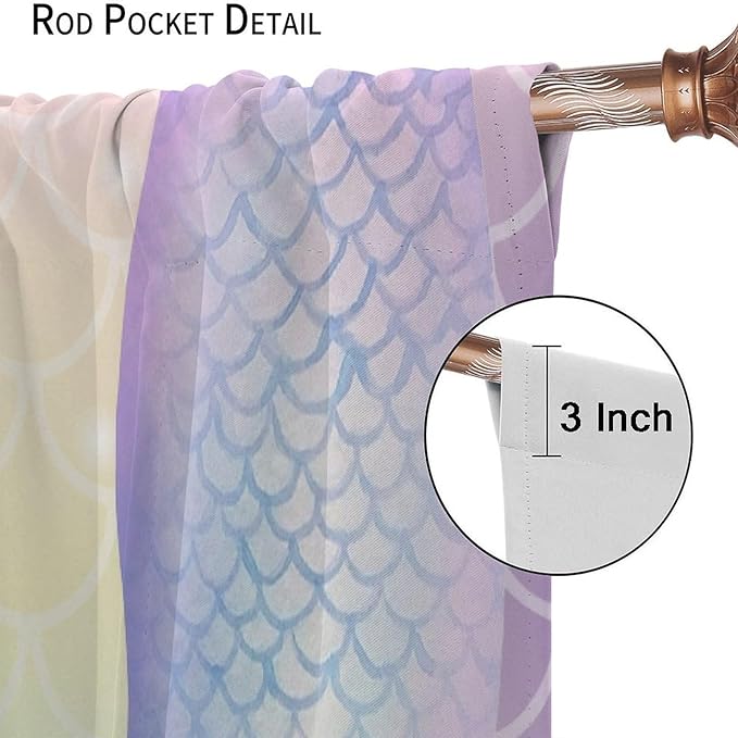 Dream Mermaid Curtains Colorful Mermaid Fish Tail Scale Fantasy Ocean Theme Beautiful Kids Window Treatment for Girls Bedroom Nursery Room Decor Rod Pocket Window Drapes 42x63in