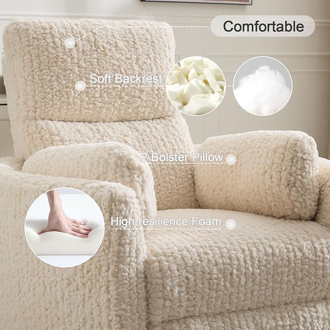 Swivel Glider Recliner, Boucle Upholstery Recliner with 2 Pillow, Nursery Glider Rocker Chair, Power Reclining Sofa Chair for Living Room/Office/Apartment/Off-White