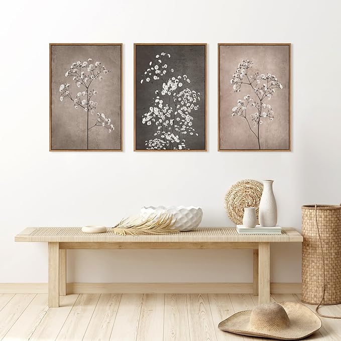 FWIEXA Neutral Floral Wall Art of 3, Framed Beige Botanical Canvas Prints, Minimalist Wildflower Wall Decor, Large Modern Plant Painting, 24x36 Inches Artwork for Living Room, Bedroom, Office, Home