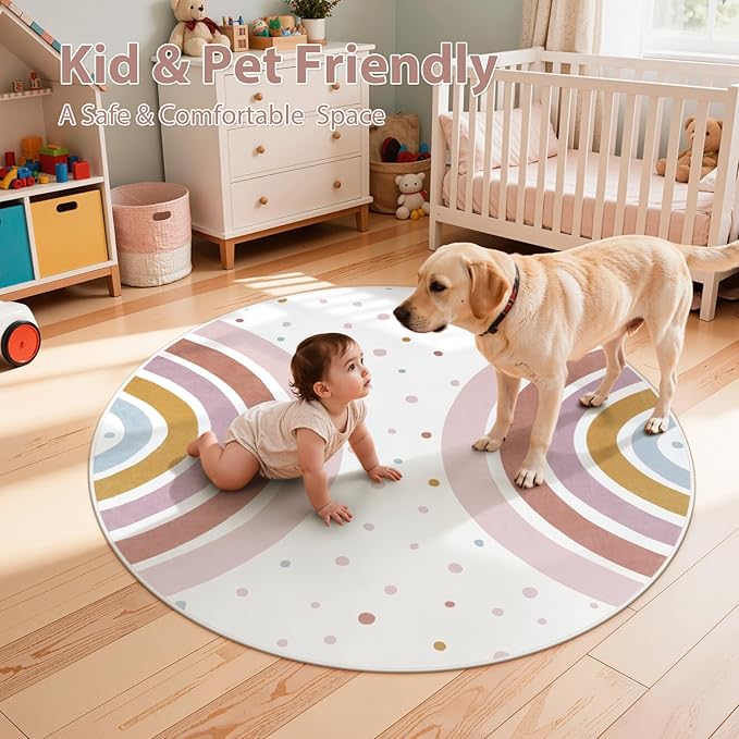 STARUIA Colorful Round Rug for Nursery, 4 Ft Rainbow Washable Rug for Playroom, Boho Kids Rug Non-Slip Soft Bedroom Carpet for Classroom Teepee Princess Castle