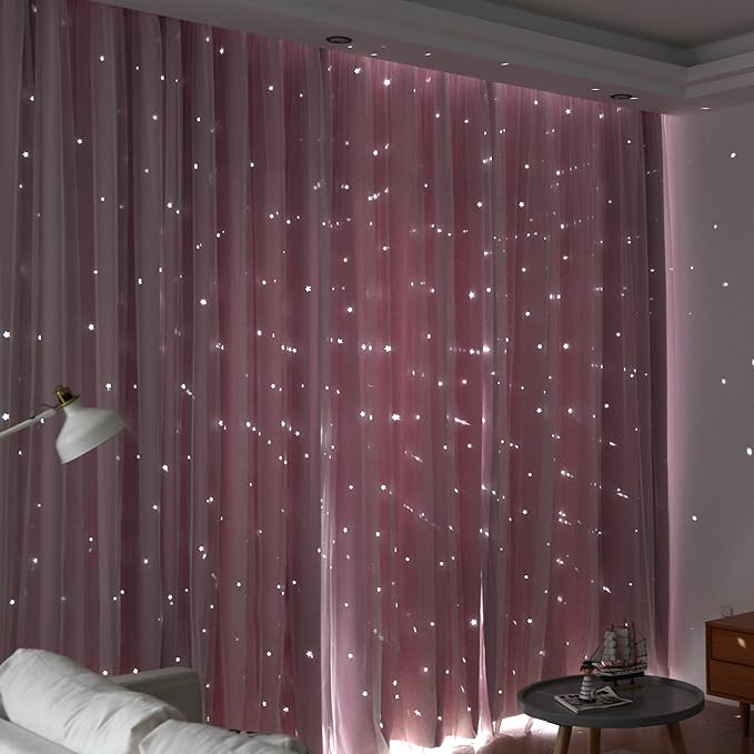 Kinryb Princess Curtains for Girls Bedroom with Sheer Overlay,Double Layer Curtain for Living Room with Star Cutout, Curtains for Kids Room (70 W*84 L Inches,2 Pcs Pink)