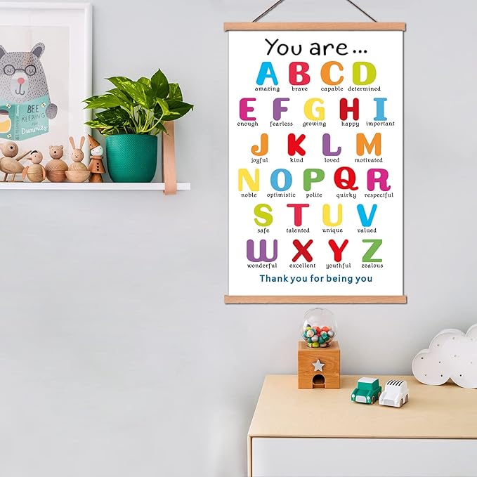 KAIRNE Colorful ABC Alphabet Art Print With Wood Magnetic Hanger Frame(15.7X25INCH)You Are Amazing Positive Educational ABC Chart for Toddler Affirmation Posters Wall Art For Classroom Playroom Decor
