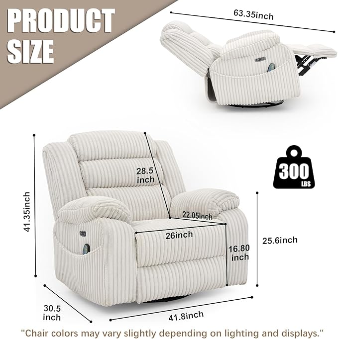 Power Swivel Rocker Recliner Chair for Adults with Massage and Heat, USB and Type-C Charging Port, Infinite Position, Electric Glider Rocking Chairs for Living Room, Nursery, Pale Grey