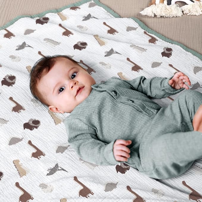 lulumoon Muslin Baby Blanket - Cotton Quilt Blankets for Toddlers - Reversible Nursery Crib Blanket for Baby Boys and Girls 47"x47"(Sage Dinosaur)