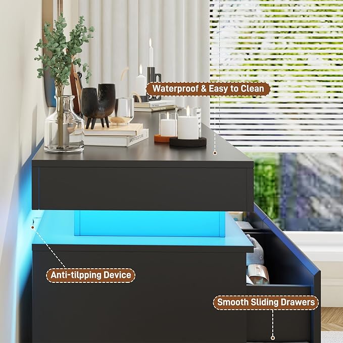 12 Drawer Dresser for Bedroom, 70" Wide 44" Tall Dresser with LED Light & Charging Station, Modern Chest of Drawers for Closet, Living Room, Entryway, Hallway (Black, 12 Drawers)