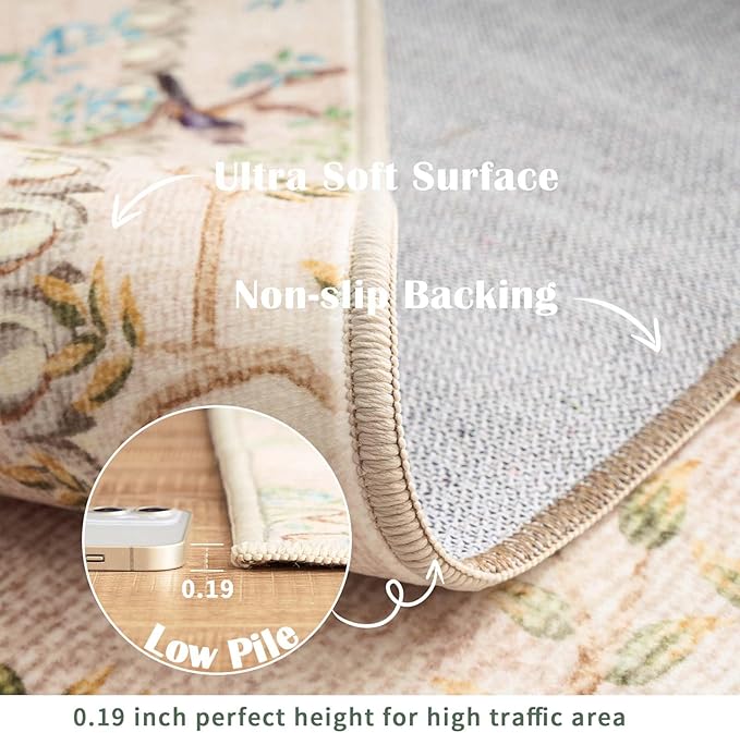 jinchan Yarden Round Rugs 5ft Beige Botanical Birds Print Machine Washable 5' Circle Nature Plants Modern Soft Non Slip Throw Area Rugs Ultra Thin Low Pile Carpet for Bedroom Kitchen Living Room