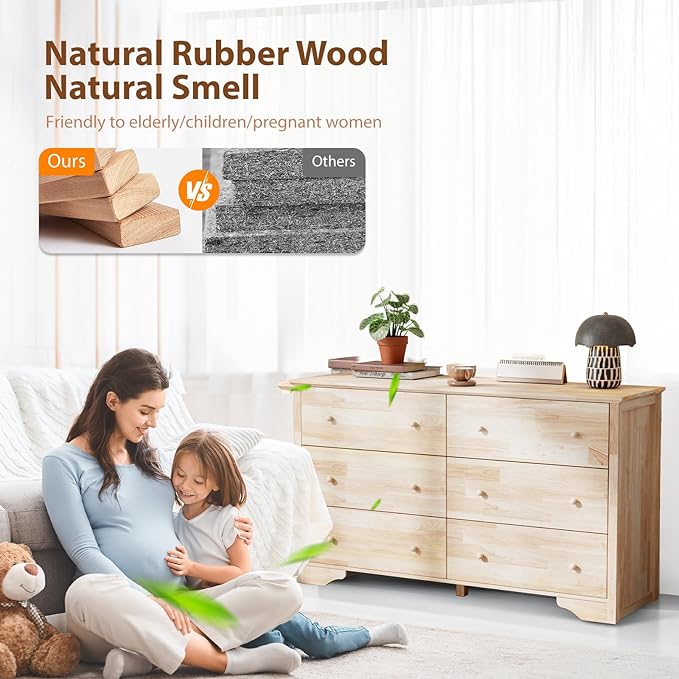 VINGLI 57" Unfinished Solid Wood Dresser for Color DIY, 6 Drawer Long Chest with Drawers, Natural Rubberwood, 57" W*17.7" D*33" H