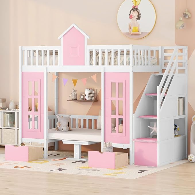 Twin Over Twin Castle House Loft Bed with Stairs and Storage Drawers,Solid Wood Princess Convertible Bunk Bed with Desk and Seat (Pink (Convertible))