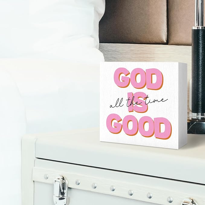 Christian Wood Box Sign - Inspirational Quotes Desk Shelf Decor, Bible Verse Decor, God is Good All the Time Pink Christian Wooden Block Plaque Box Sign for Teen Girl Room Dorm Decorations