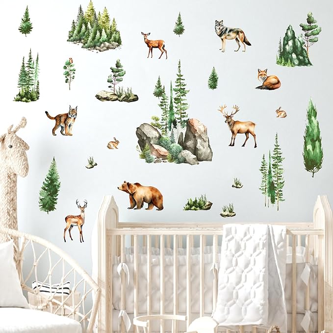 Woodland Animal Window Stickers Clings Watercolor Mountain Animal Tree Wall Decals Green Pine Tree Window Decals Forest Animals Wall Stickers Woodland Window Decoration for Bedroom Living Room