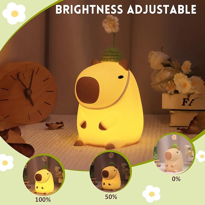 Cute Capybara Night Light, Squishy Animal Flower Lamp with Rechargeable Timer Dimmable, Nursery Nightlight Home Bedside Decor Birthday Christmas White Elephant Gift for Kids Women Friend