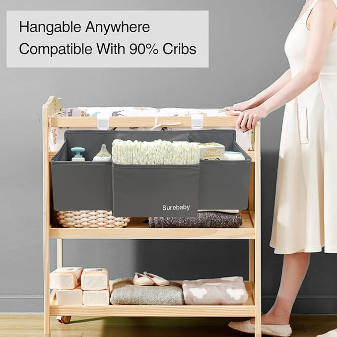 Hanging Baby Diaper Caddy, 3-in-1 Diaper Caddy Organizer Holder For Baby Crib, Nursery Organization Diaper Stacker Storage For Crib, Changing Table-Grey
