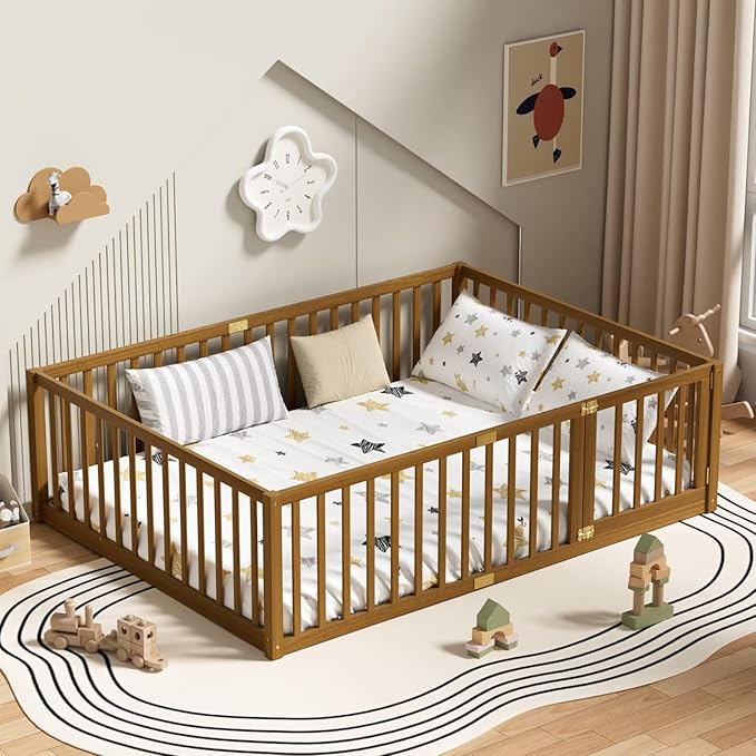 LLS Full Size Floor Bed with 21.6" High Fence for Kids Boys Girls, Solid Wood Multifunctional Montessori Bed Frame with Door, Without Slats, Light Espresso