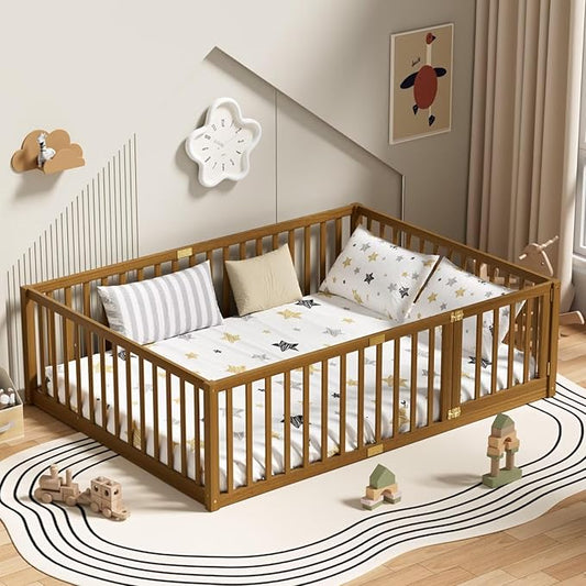 LLS Full Size Floor Bed with 21.6" High Fence for Kids Boys Girls, Solid Wood Multifunctional Montessori Bed Frame with Door, Without Slats, Light Espresso