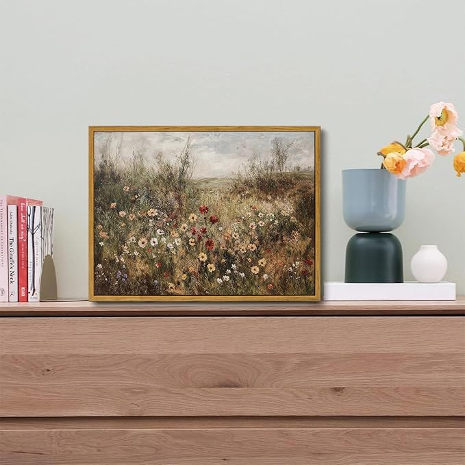 OIQArtOIQ Vintage Wildflowers Landscape Wall Art Framed Floral Natural Scenery Oil Painting Canvas Prints Country Farmhouse Fall Decor Pictures Kitchen Bedroom Living Room Bathroom