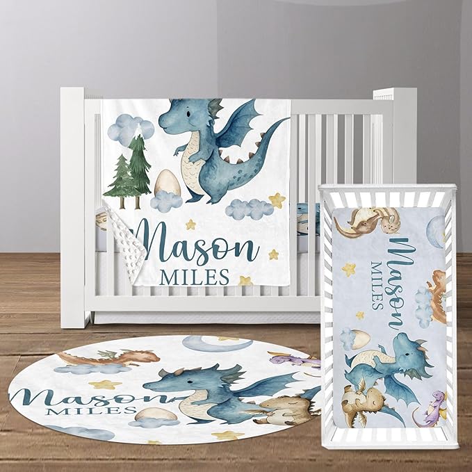 Custom Baby Crib Bedding Set - Blue Dinosaur Design Personalized Name Baby Nursery Bedding 3 Pcs Set - Chic Soft Blanket, Fitted Sheet, Room Rug for Newborns Boys Girls Gifts