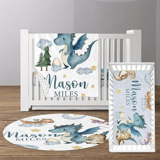 Custom Baby Crib Bedding Set - Blue Dinosaur Design Personalized Name Baby Nursery Bedding 3 Pcs Set - Chic Soft Blanket, Fitted Sheet, Room Rug for Newborns Boys Girls Gifts
