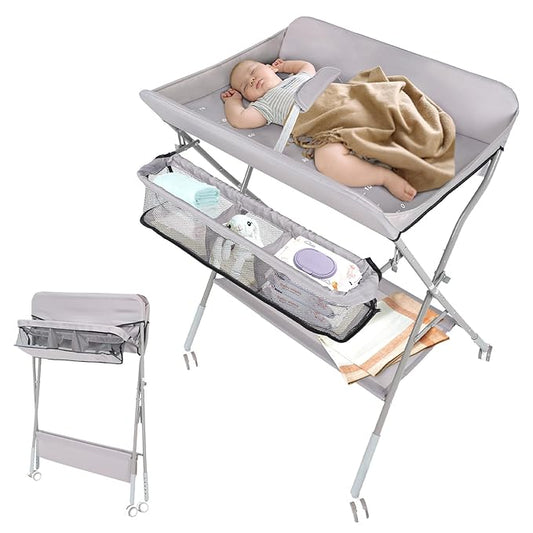 Portable Diaper Changing Table with Wheels for Baby, Mobile Folding Changing Station with 5-Level Adjustable Height and Large Storage Rack & Shelf