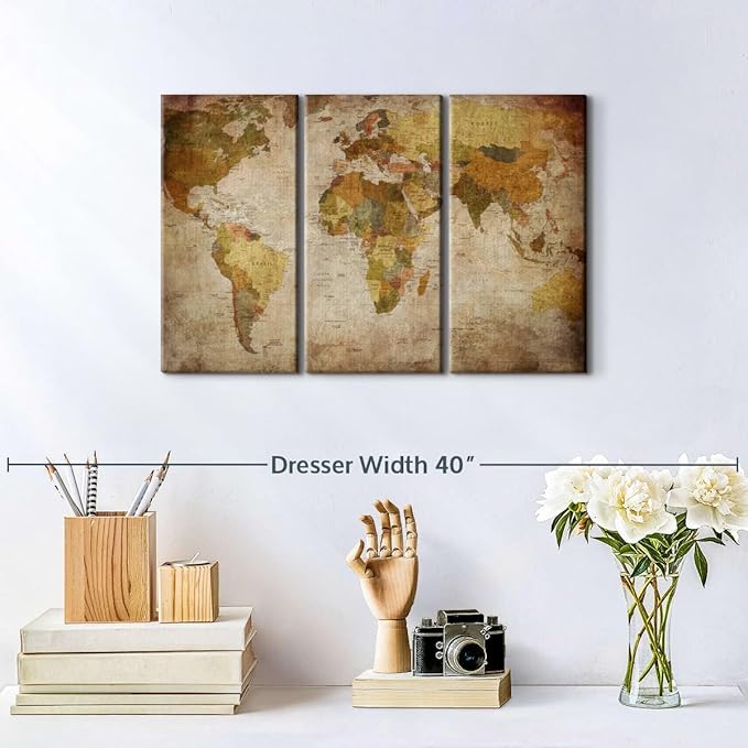ElephantStock World Map Multi Piece Canvas - 3 Piece Canvas World Map Wall Decor - Wall Decor, Ready-to-Hang Print - Vintage Wall Art - 23" X 14"