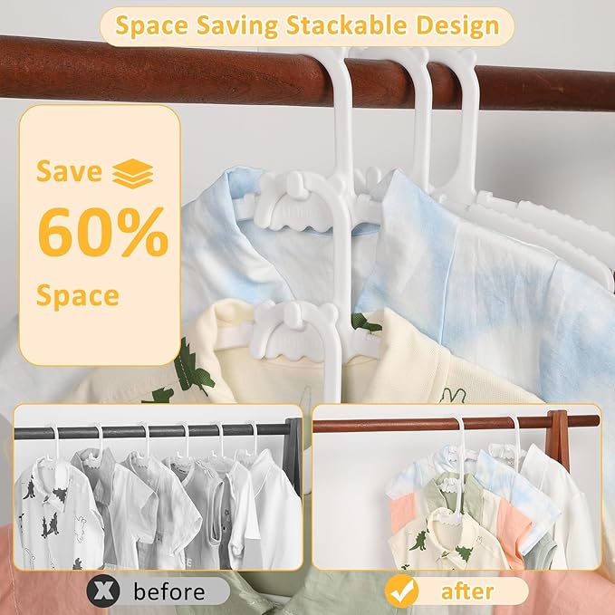80 Pack Baby Clothes Hangers with 32 Clips, 11-15 inch Adjustable Kid Hanger, Multifunctional Children Hanger for Girl Boy Toddler Kids Child(White)