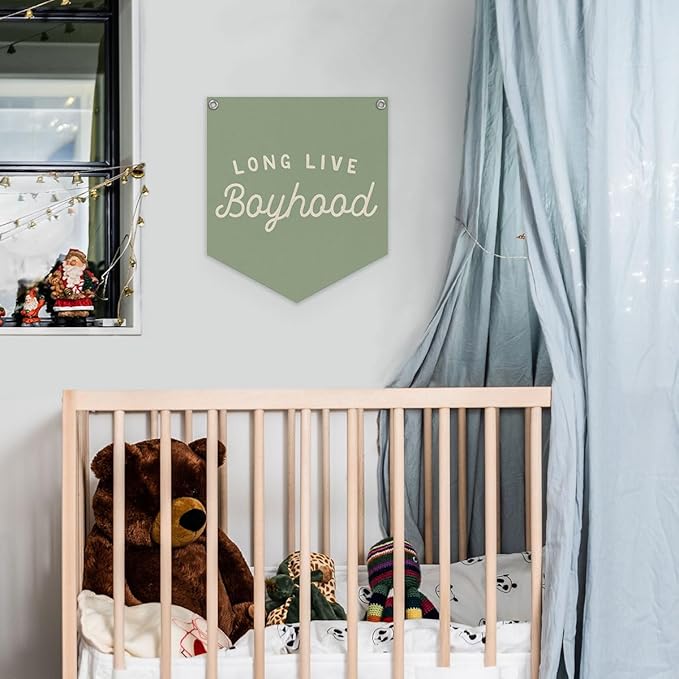 Lacama Sage Green Room Decor, Long Live Boyhood Linen Banner,Vintage Boy Bedroom Wall Hanging Banner Pennant Flag Decor for Nursery Playroom Toddler Nursery Decor Kids Room,12.4x14 in