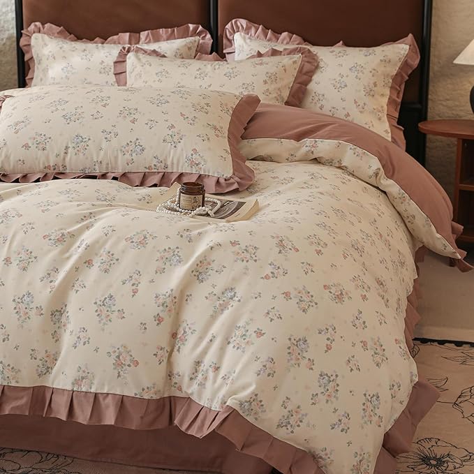 Ruffle Duvet Cover King 100% Cotton Vintage Floral Comforter Cover Aesthetic Rose Flower Duvet Cover Romantic Ruffle Comforter Cover Botanical Floral Bedding Lace Duvet Cover with 2 Pillowcases