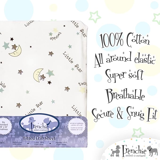 Frenchie Mini Couture Fitted Crib Sheet 100% Woven Cotton Fits Toddler Mattress, 28 x 52 x8in, Twinkle Little Star