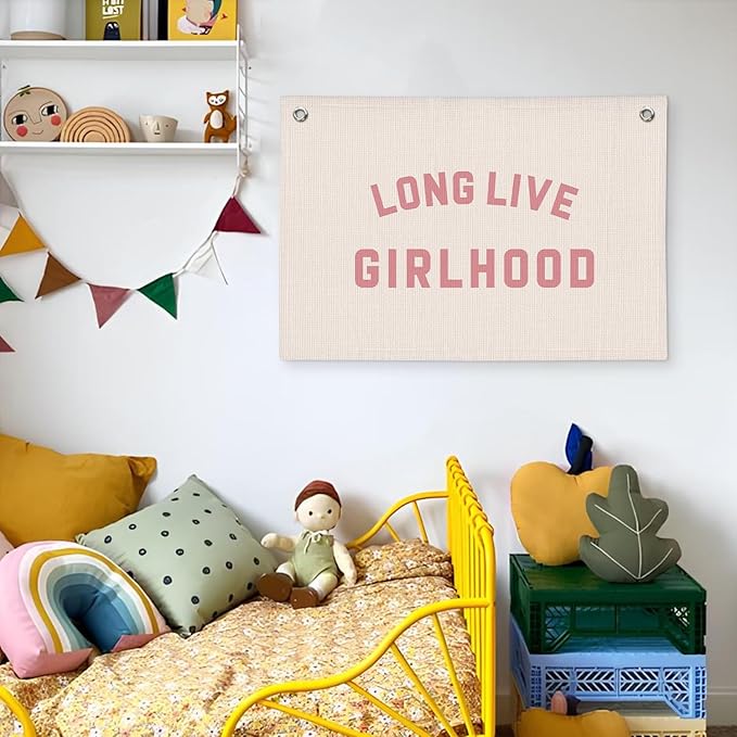 Long Live Girlhood Banner, Girls Baby Nursery Decor, Toddler Girl Room Decor, Pink Girls Room Wall Decor, 30x20 Inch Linen Wall Hanging Canvas Banner Flag - Pink