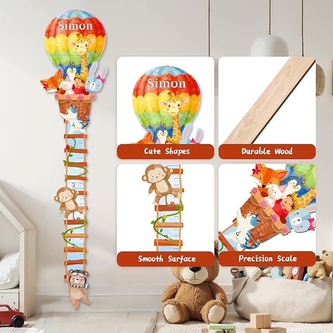 Personalized Name Wooden Growth Chart for Wall, Animal Balloon Wood Baby Height Growth Chart Wall Kids Room Nursery Wall Decor