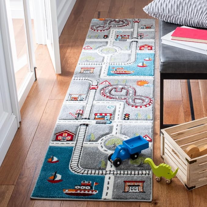 SAFAVIEH Carousel Kids Collection Runner Rug - 2'3" x 12', Grey & Ivory, Non-Shedding & Easy Care, Ideal for High Traffic Areas for Boys & Girls in Playroom, Nursery, Bedroom (CRK192F)