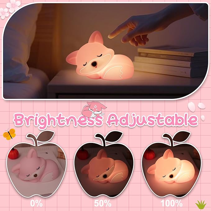 Fox Lamp for Girls, Pink Silicone Squishy Fox Shaped, 20 Mins Auto-Off Rechargeable Dimmable Night Light, Fox Gifts for Nursery Baby Girl Women, Christmas White Elephant Gifts Idea