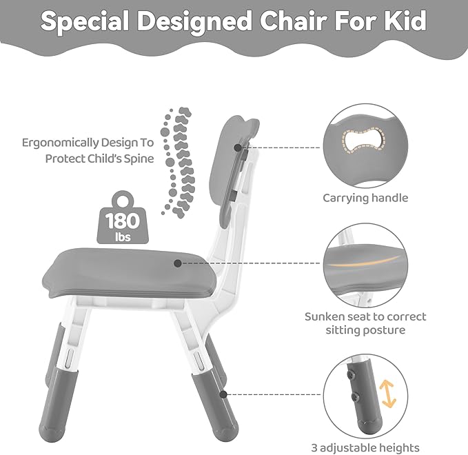 Kids Study Table and Chairs Set, Height Adjustable Toddler Table and Chair Set for Kids Ages 3-8, 31.5" L x 23.6" W Graffiti Desktop Plastic Children Art Table with 2 Seats, Grey
