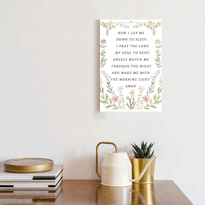 Nursery Bedtime Prayer Baby Room Now I Lay Me Down to Sleep Wildflower Canvas Wall Art Christian Child's Prayer Print Bible Verse Painting Home Decor Baptism Gifts for Girl Framed 12 * 18 inch
