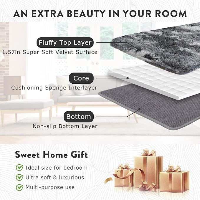 Fluffy Rugs for Bedroom Living Room, 4x6 Feet Abstract Grey Shag Area Rugs, Non-Slip Indoor Modern Fuzzy Plush Floor Carpet for Dorm Nursery Kids Room Decor, Soft Shaggy Throw Rug