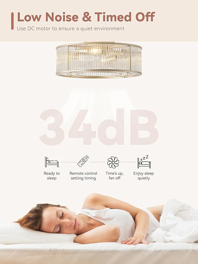 Low Profile Ceiling Fans with Lights, 20" Gold Crystal Ceiling Fan with Light Flush Mount and Remote Control, Drum Caged with 6 Speeds for Bedroom, Nursery, Living Room (Gold Crystal)