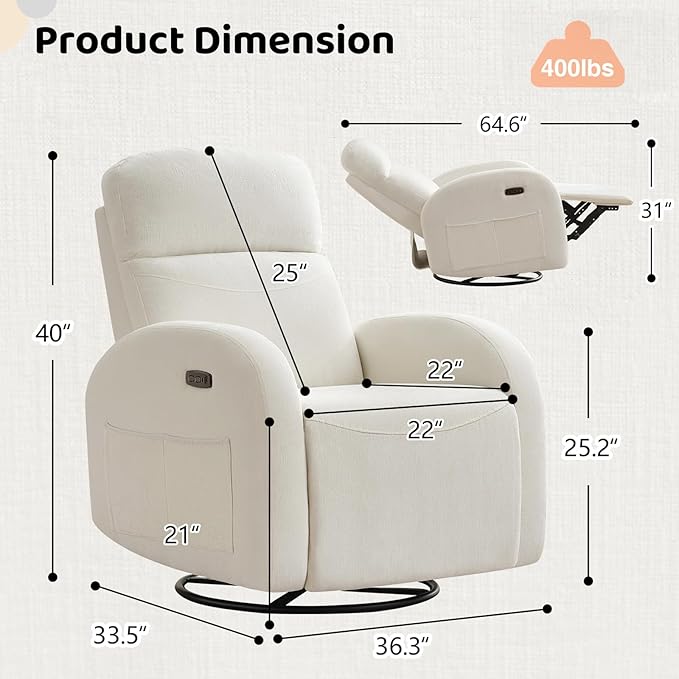 Power Nursery Glider Recliner, Chenille Electric Rocker Recliner with Type-C & USB Port, Nursery Swivel Rocker Recliners with Double Pockets for Adult, Cream White