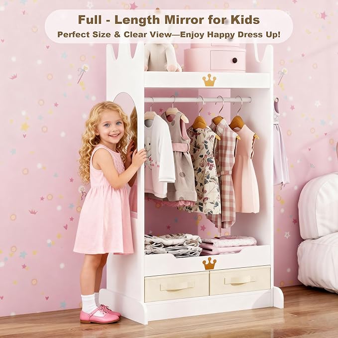Kids Dress Up Storage with Mirror, Kids Costume Wardrobe with Shelves & Non-Woven Drawers, Children Open Hanging Armoire Costume Organizer for Kids Room, Nursery, Preschool, White