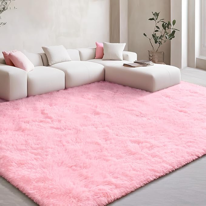 EVOIONOS Ultra Soft Area Rug for Bedroom, 4x6 Machine Washable Fluffy Shag Rug for Living Room, Plush Non Slip Carpet for Indoor Floor Bedside Nursery Kids Girls Room Dorm, Home Decor Aesthetic, Pink