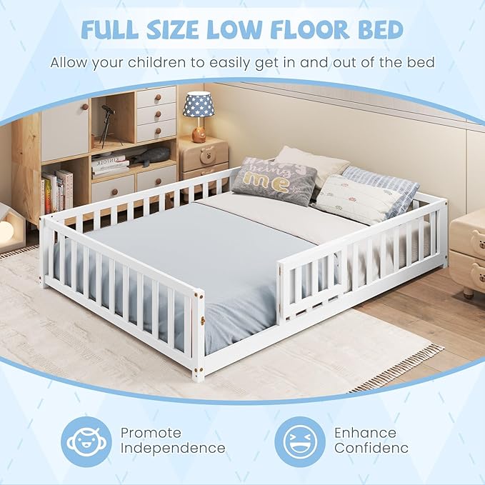 Giantex Full Size Floor Bed for Kids, Low Montessori Bed with Wood Slats & Safety Guardrails, Solid Wood Full Floor Beds with Fence and Door for Kids Boys Girls, White