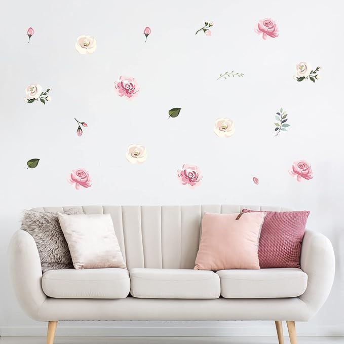 Decalcomania Flower Wall Decals - Set of 19 Pink White Rose Floral Bouquet Wall Stickers for Nursery Bedroom Living Room Decor Removable Peel and Stick Indoor Wall Decor