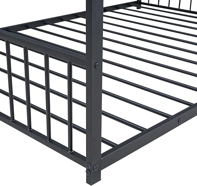Full Size House Shaped Montessori Platform Beds, Wood Floor Bed Frame with Roof and Fence Deisgn, Kids Double Toddler Bed for Children Boys Girls, Easy Assemble, No Box Spring Needed, Black