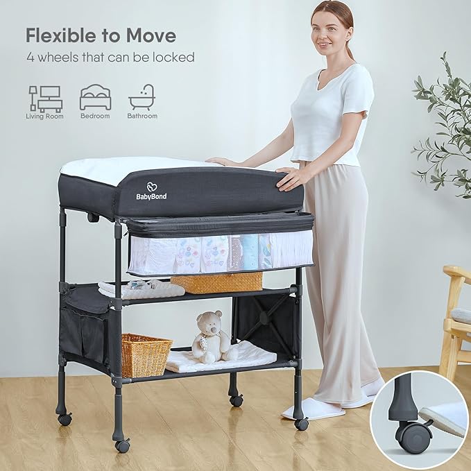 Portable Baby Changing Table, BabyBond Foldable Changing Table Dresser Waterproof Diaper Changing Table Height Adjustable Changing Station for Infant and Newborn(Grey)