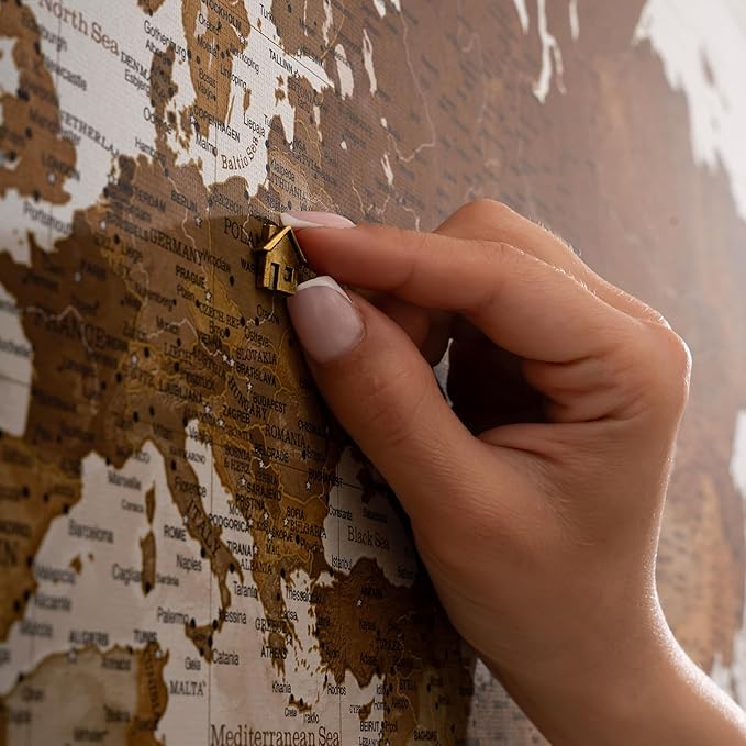 Canvas World Map with Cork Pin Board - English Lettering - Decorative Wall Decoration for All Rooms - Canvas Pictures with World Map Motif (70x50 cm, Pattern 17)