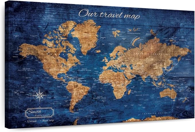 ElephantStock - Personalized Our Travel I Push Pin World Map Wall Art - Horizontal Canvas Wall Art - Living Room Wall Decor - Digital Art Map Canvas Art - Brown And Blue Decor - 12" x 8"